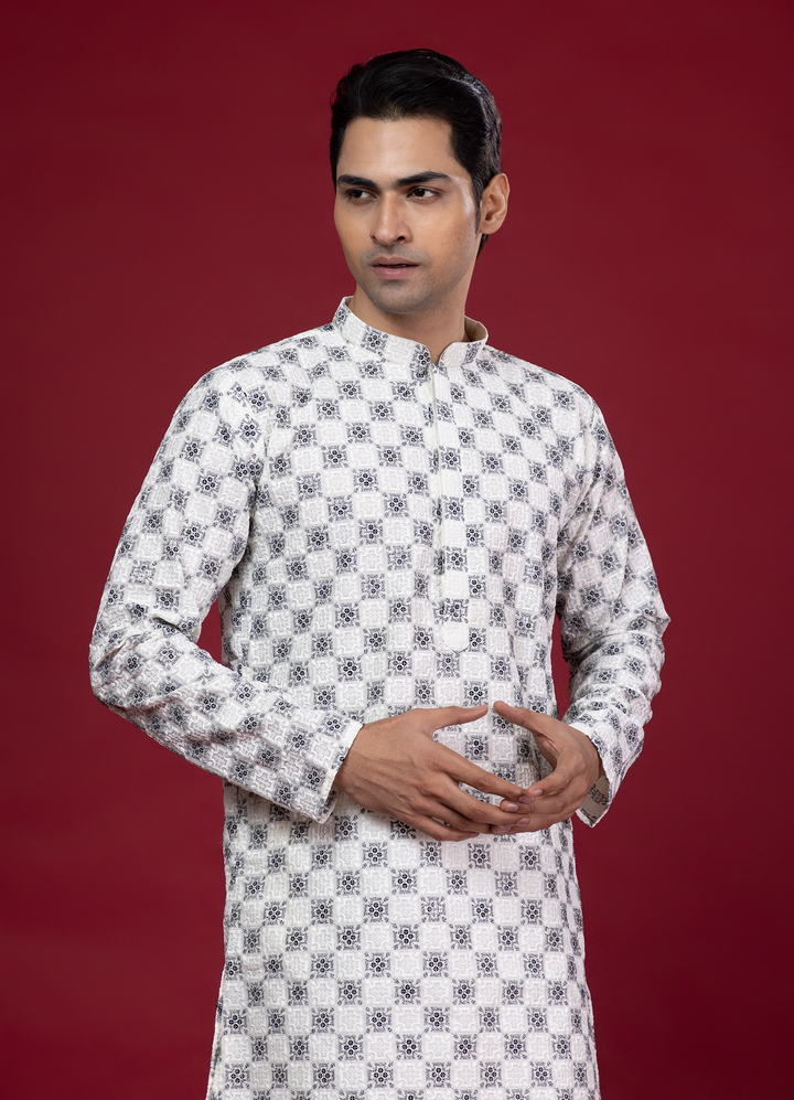 Off White Thread Work & Sequin Kurta Set