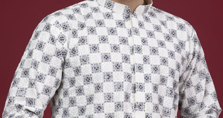 Off White Thread Work & Sequin Kurta Set