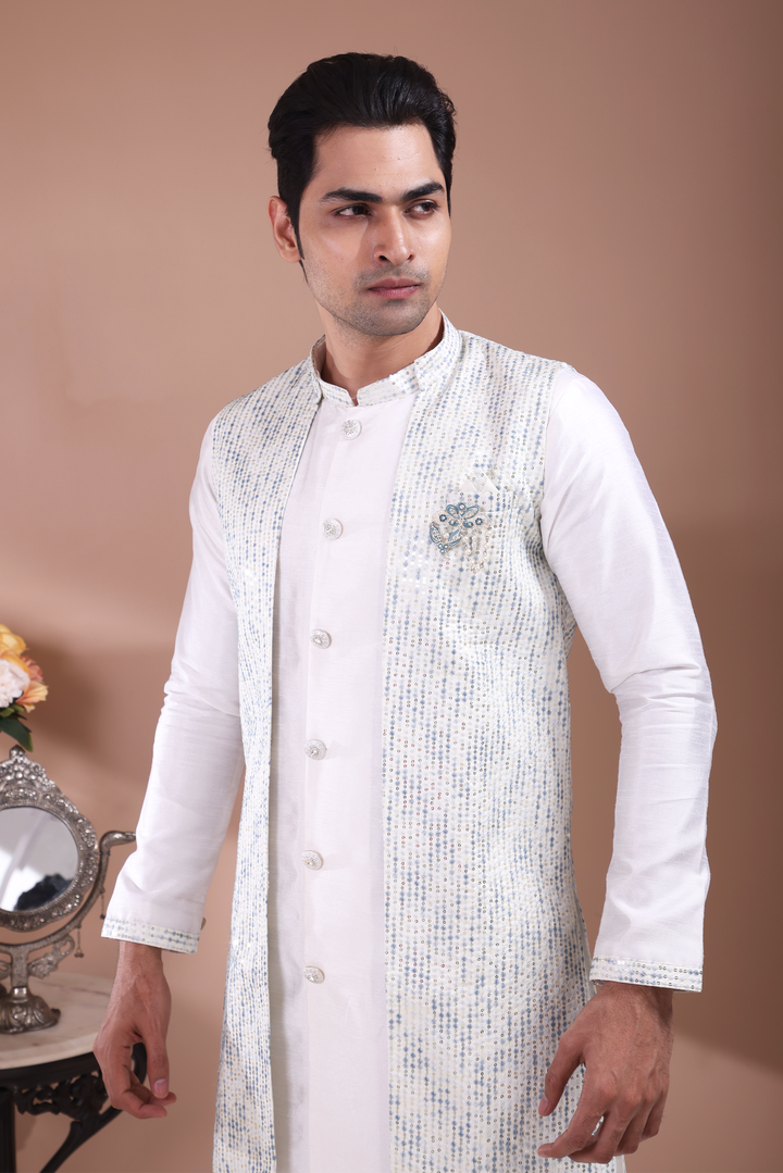 Blue Sequin Indo-Western Kurta Set For Men