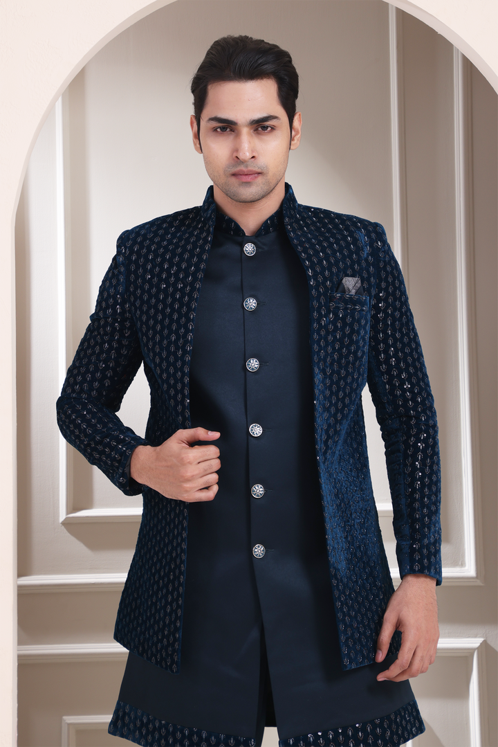 Peacock Blue Indo Western For Men