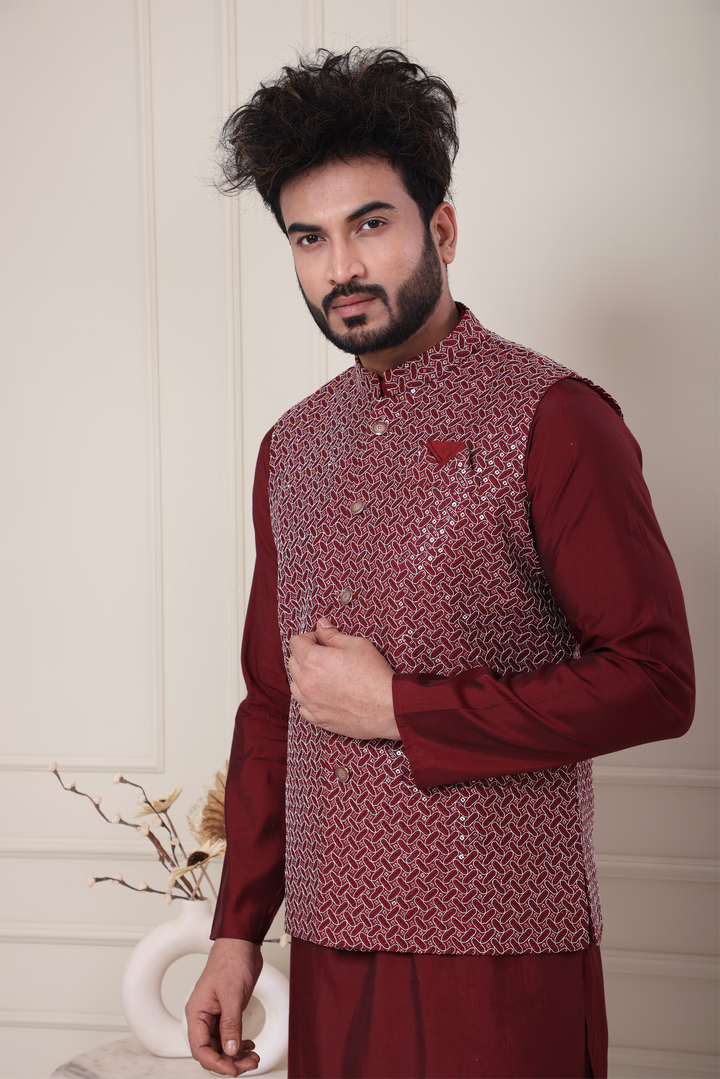 Maroon Kurta Jacket Set For Men