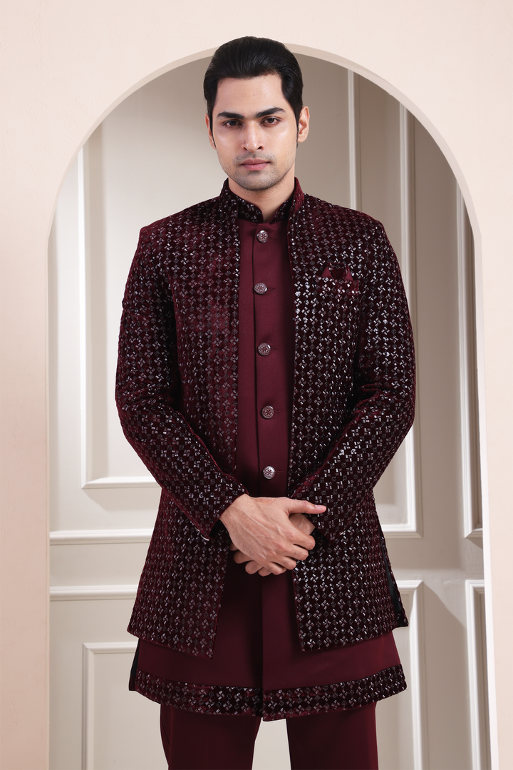 Maroon Indo Western For Men