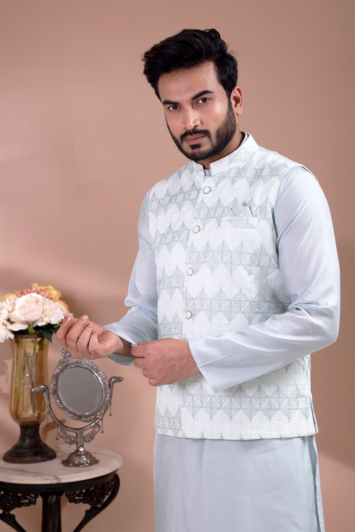 Grey Kurta Jacket Set For Men