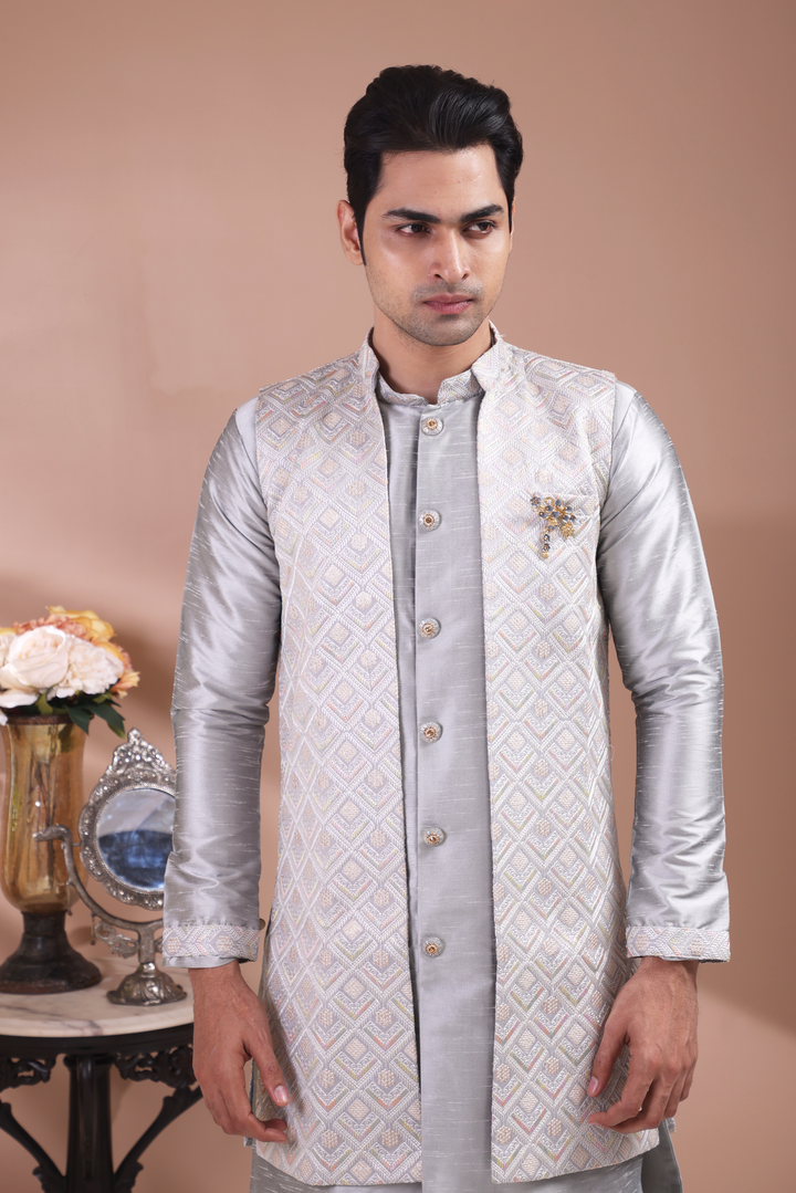 Grey Sequin Indo-Western Kurta Set For Men