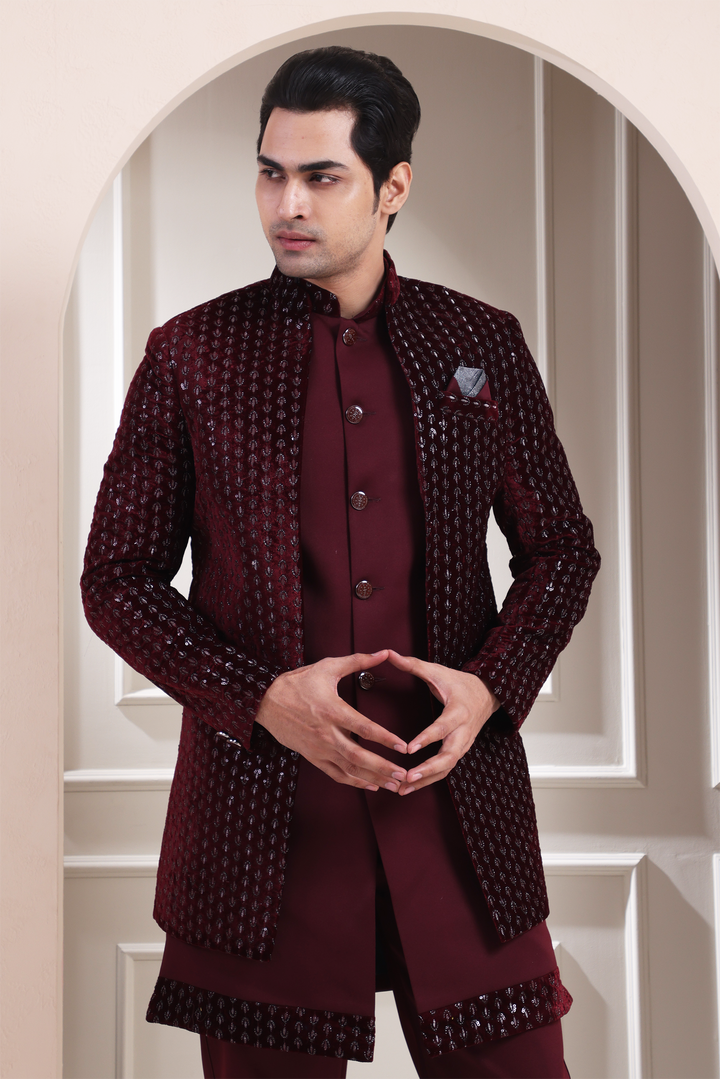 Maroon Indo Western For Men