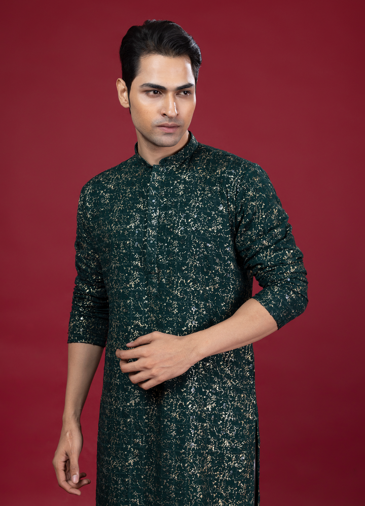 Dark Green Foil Print Kurta Set