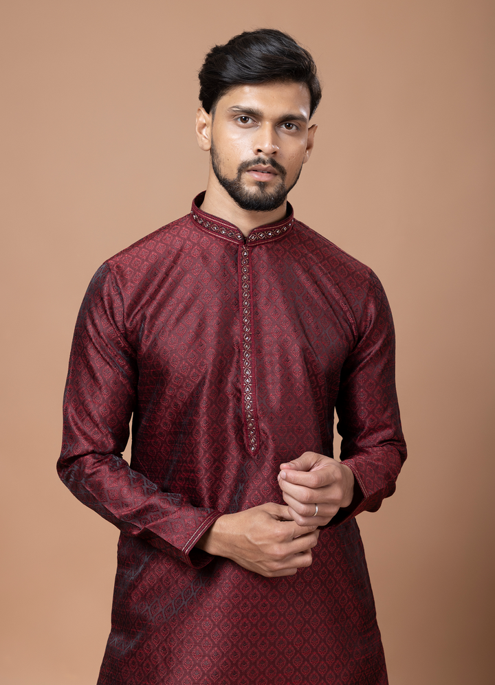 Maroon Handwork Self Design Kurta Set