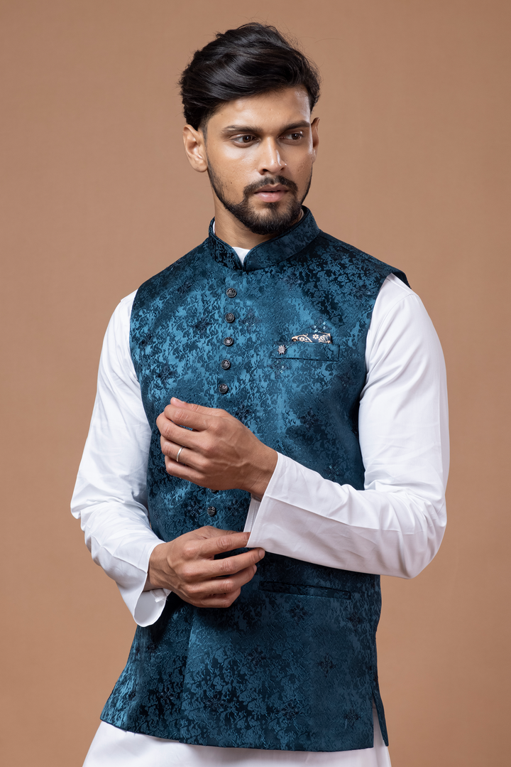 Peacock Blue Nehru Jacket For Men