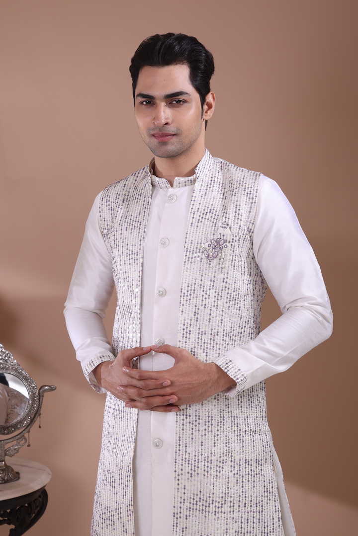 Lavender Sequin Indo-Western Kurta Set For Men