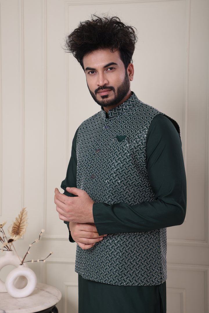 Green Kurta Jacket Set For Men