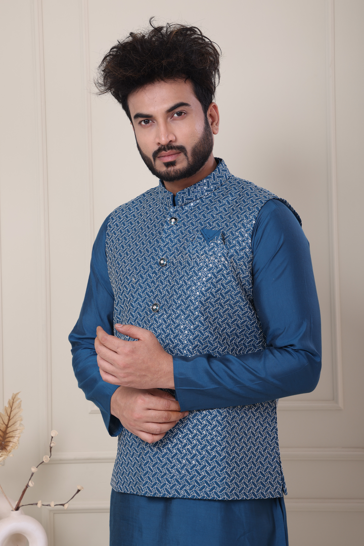 Blue Kurta Jacket Set For Men