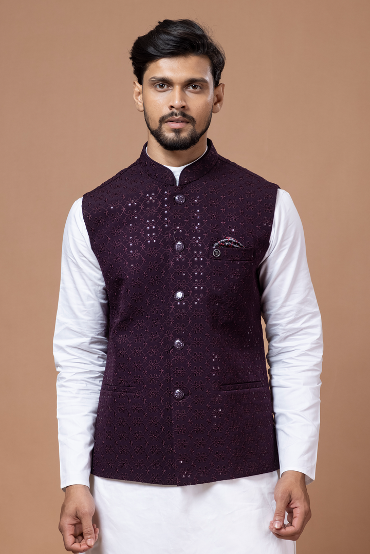 Wine Nehru Jacket For Men