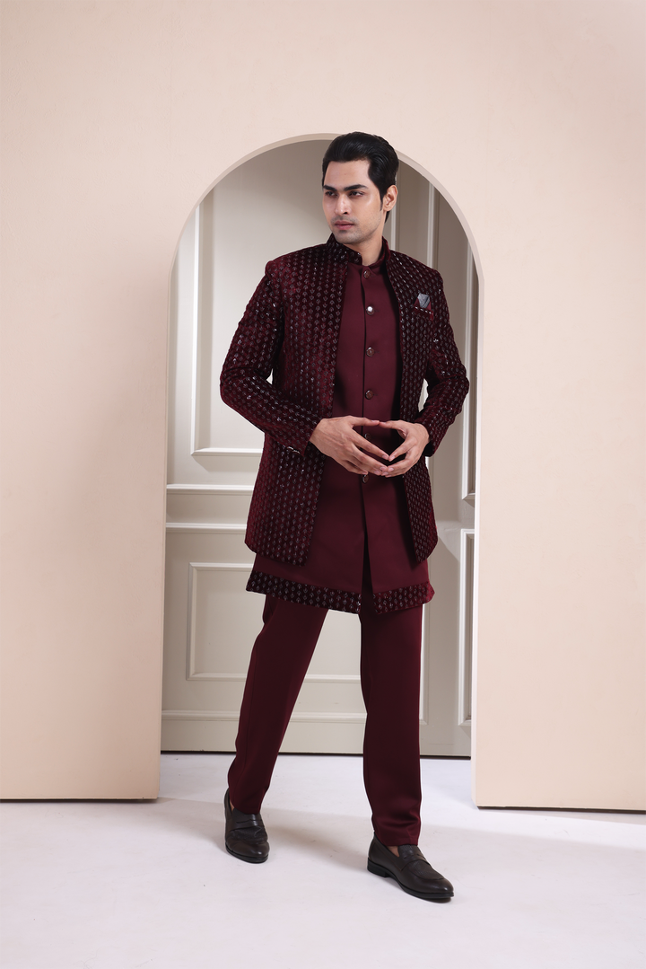 Maroon Indo Western For Men