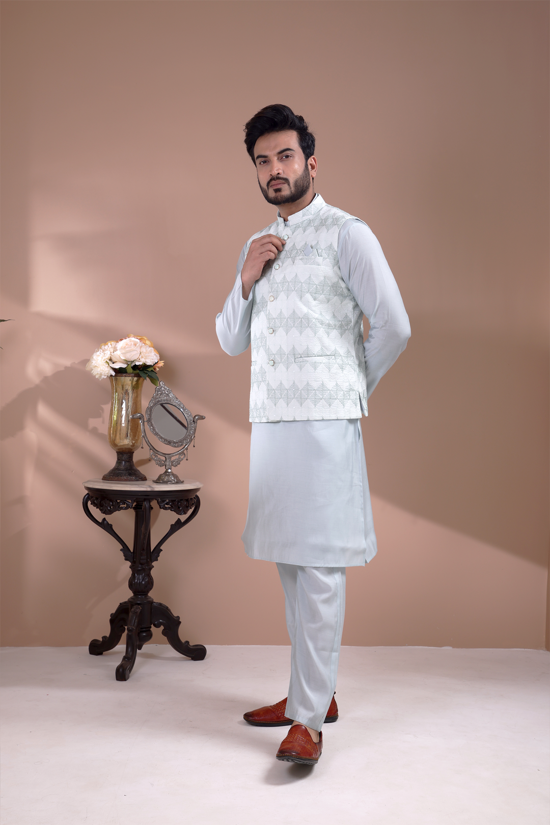 Grey Kurta Jacket Set For Men