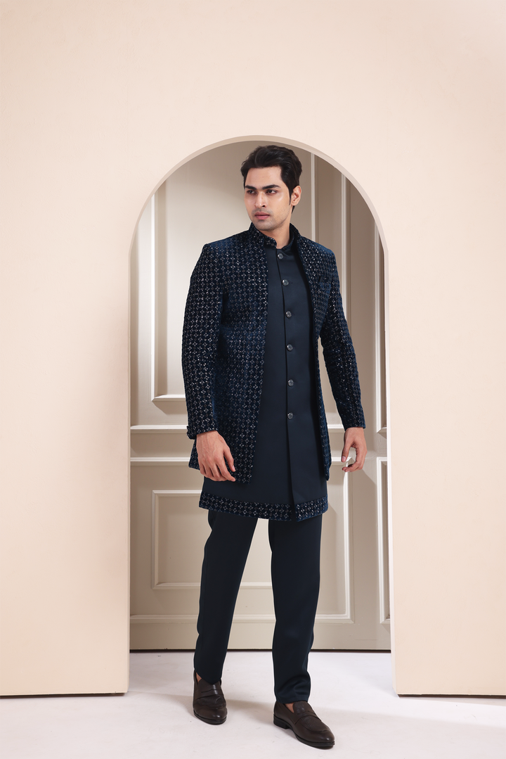 Peacock Blue Indo Western For Men