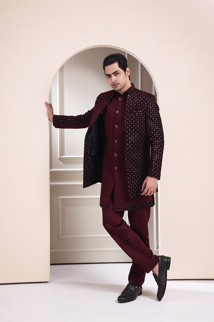 Maroon Indo Western For Men