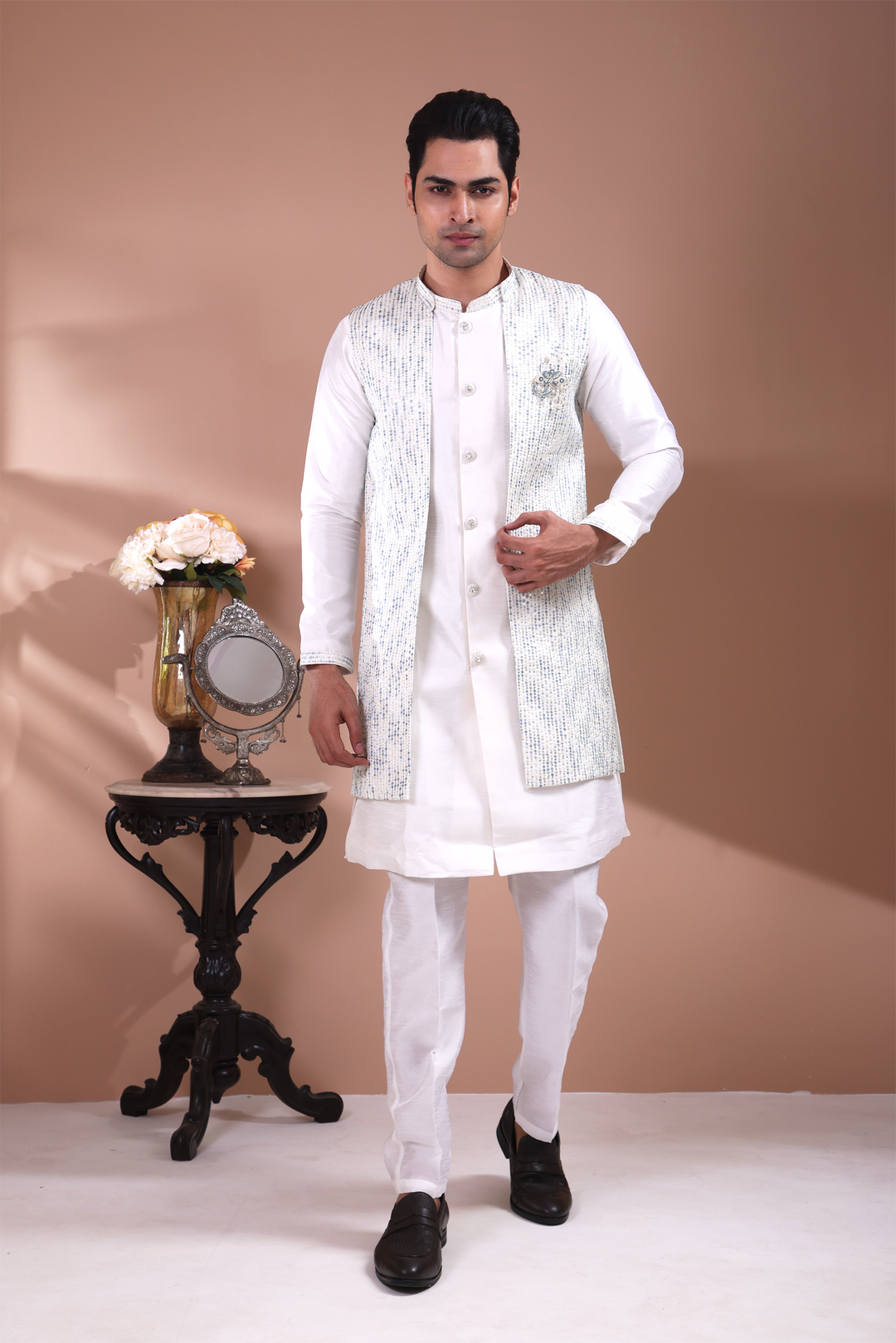 Blue Sequin Indo-Western Kurta Set For Men