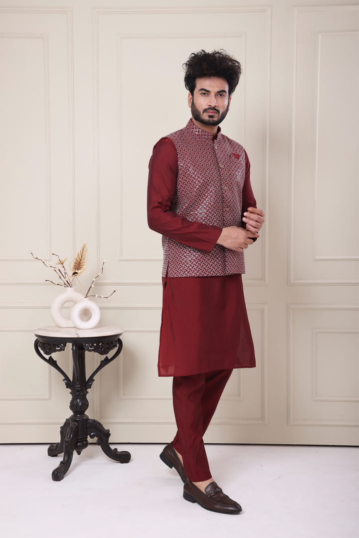 Maroon Kurta Jacket Set For Men