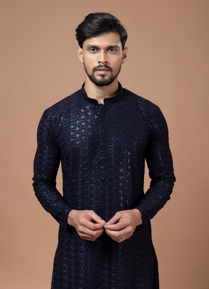 Navy Blue Chikankari Sequin Kurta Set