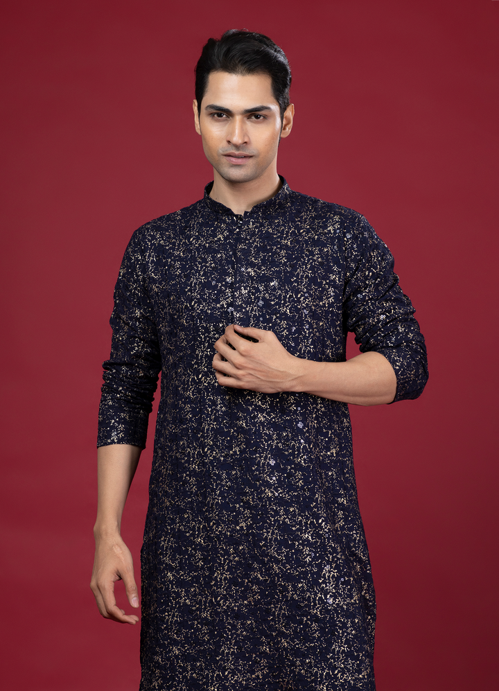 Navy Blue Foil Print Kurta Set