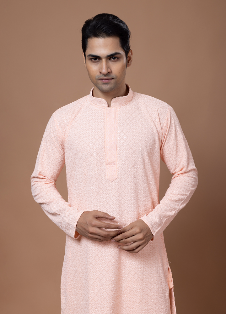 Peach Chikankari Kurta Set