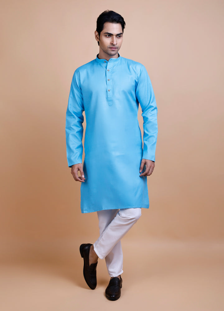 Blue Cotton Blend Kurta Set