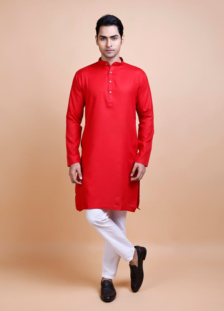 Red Cotton Blend Kurta Set