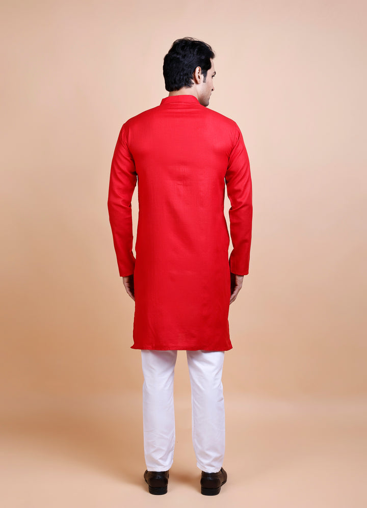 Red Cotton Blend Kurta Set