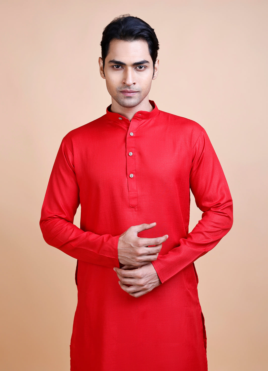 Red Cotton Blend Kurta Set