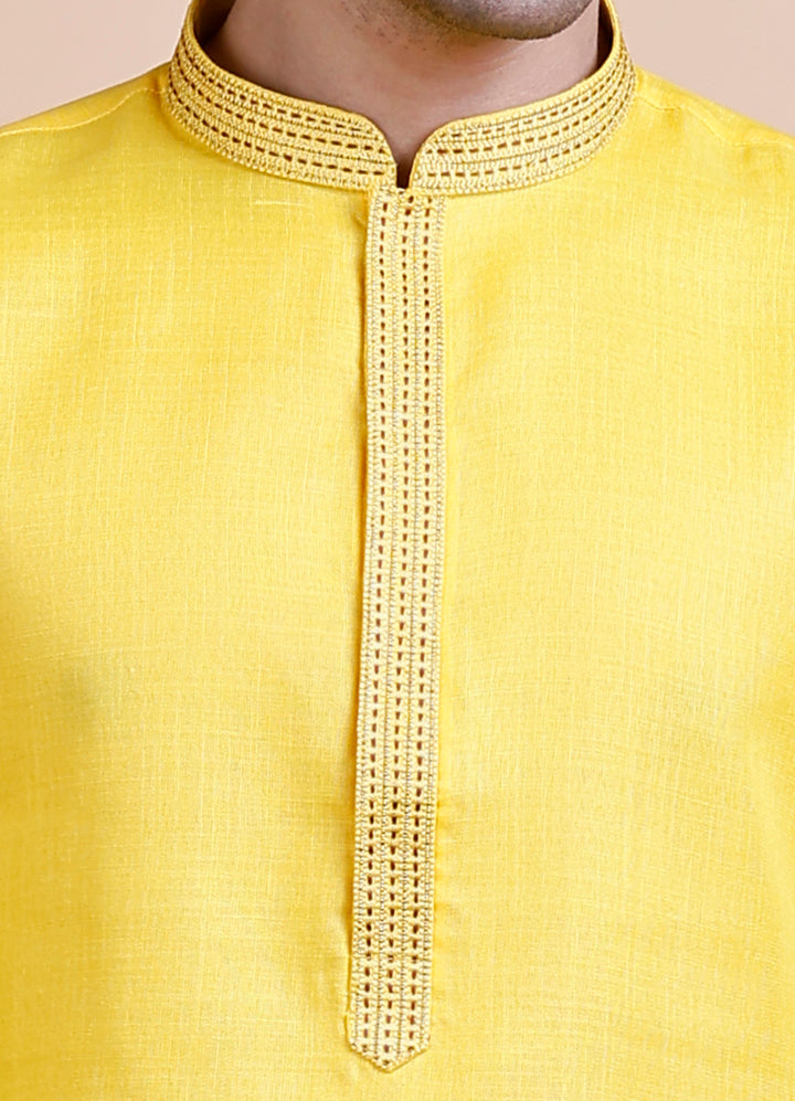 Yellow Cotton Neck Work Kurta Set