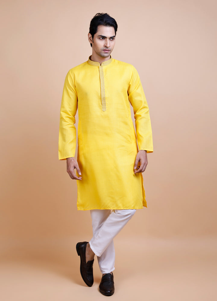 Yellow Cotton Neck Work Kurta Set