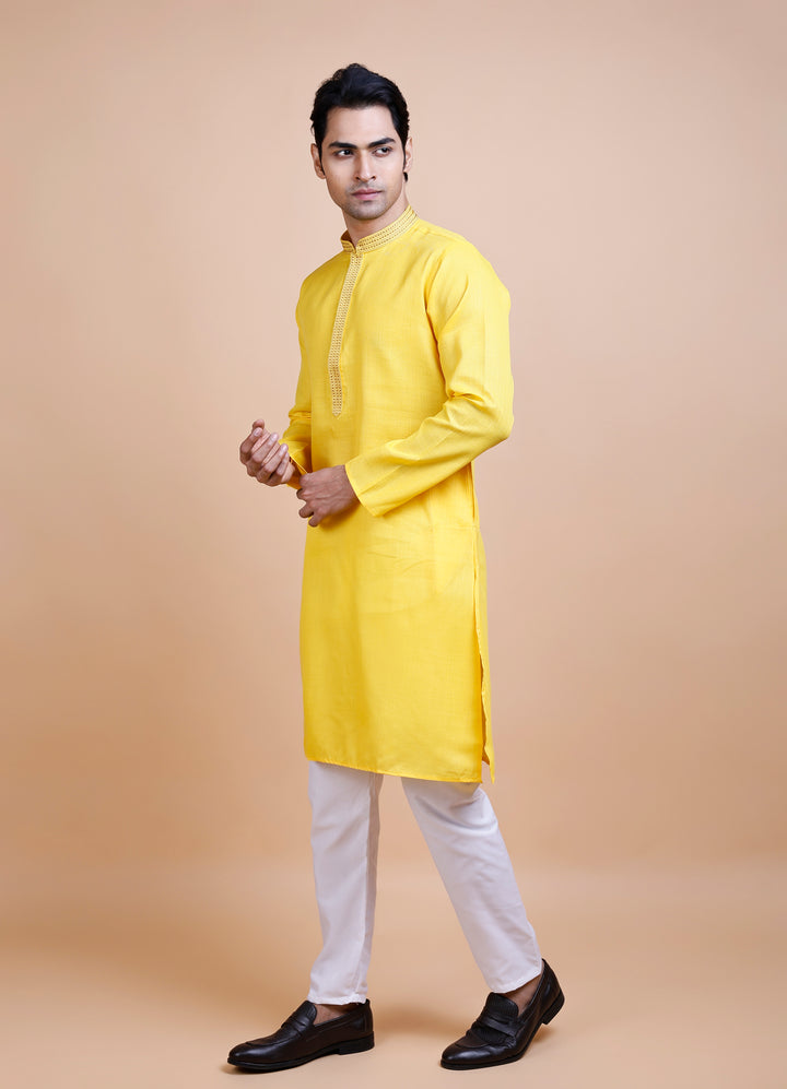 Yellow Cotton Neck Work Kurta Set