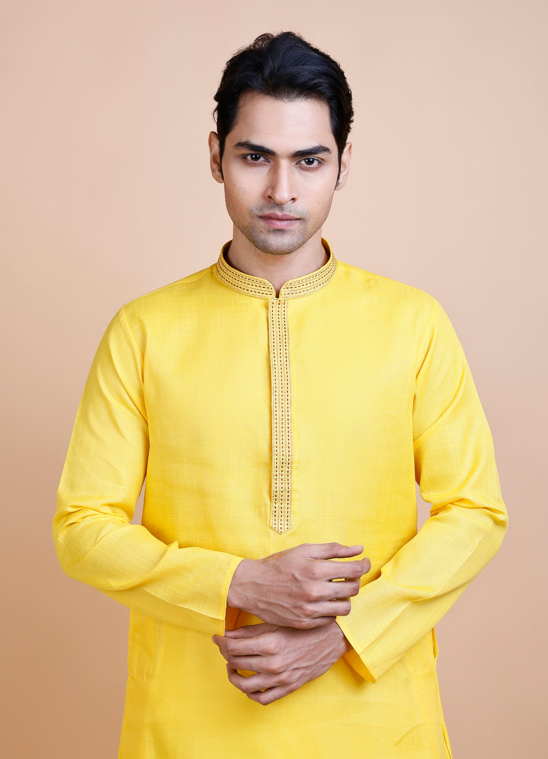 Yellow Cotton Neck Work Kurta Set