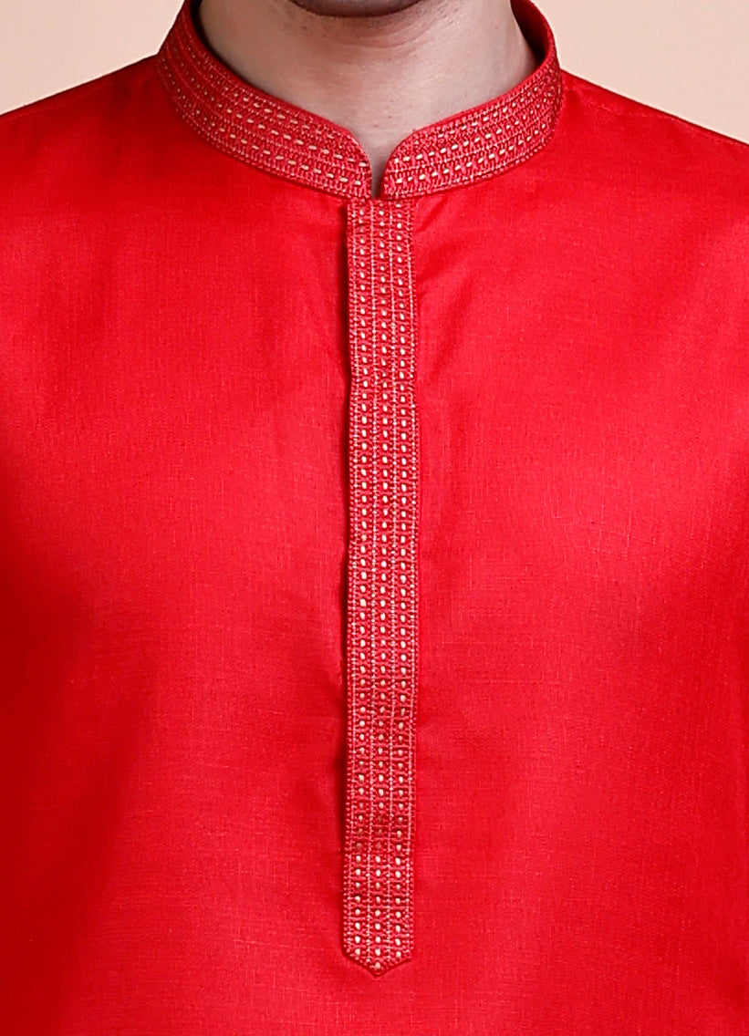 Red Cotton Neck Work Kurta Set