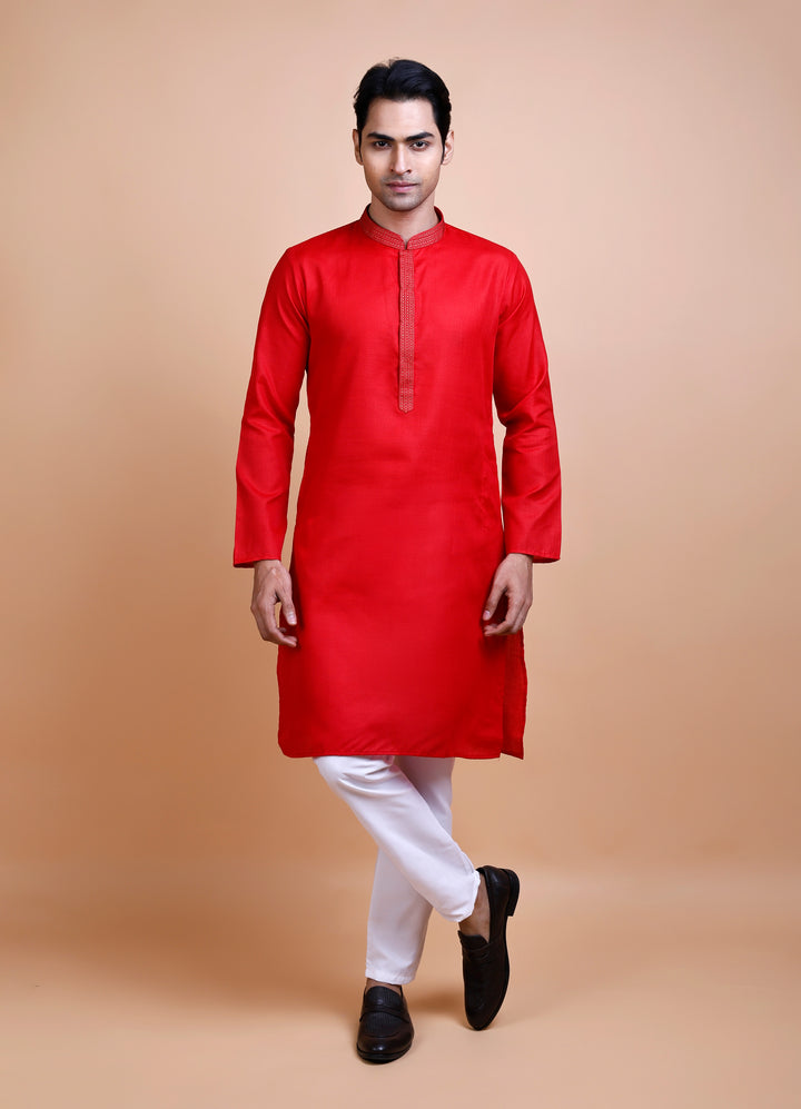 Red Cotton Neck Work Kurta Set