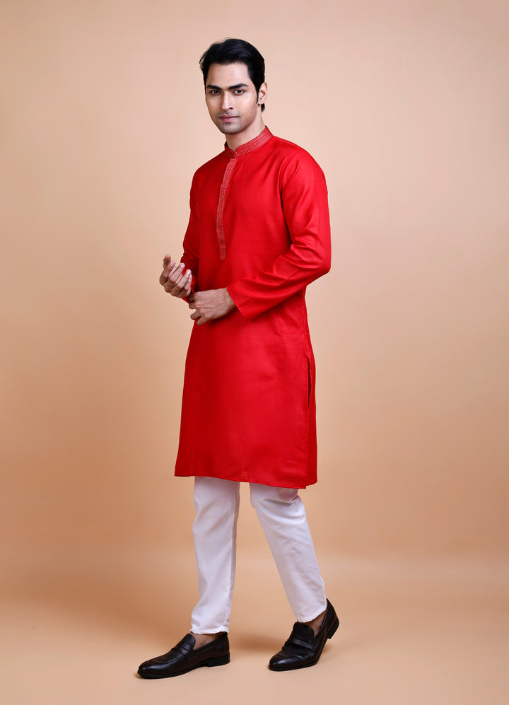 Red Cotton Neck Work Kurta Set