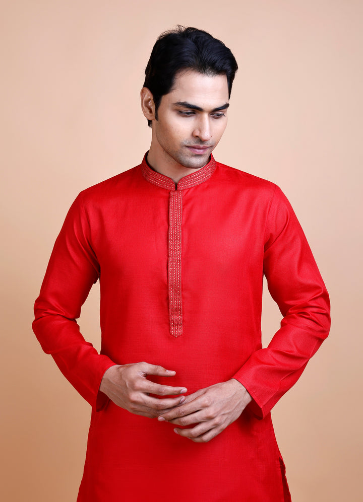 Red Cotton Neck Work Kurta Set