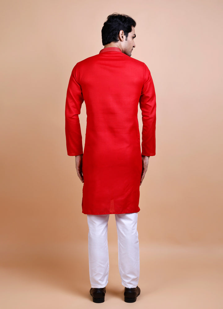 Red Cotton Neck Work Kurta Set