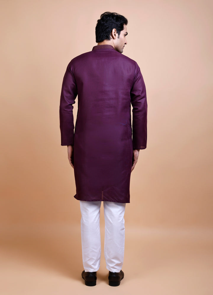 Purple Cotton Neck Work Kurta Set