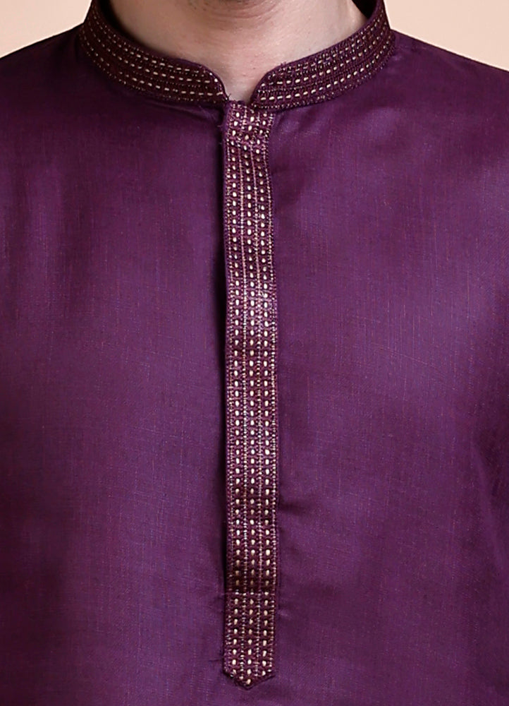 Purple Cotton Neck Work Kurta Set