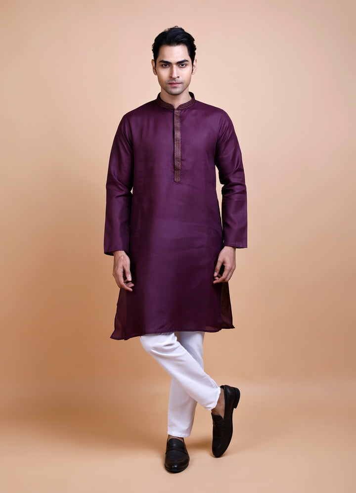 Purple Cotton Neck Work Kurta Set