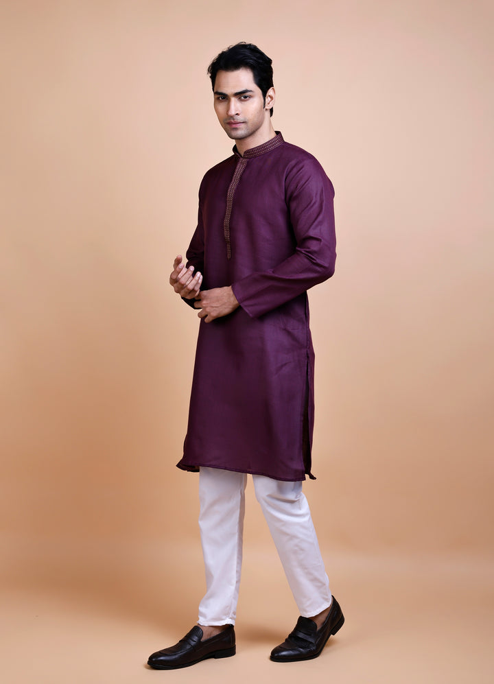 Purple Cotton Neck Work Kurta Set