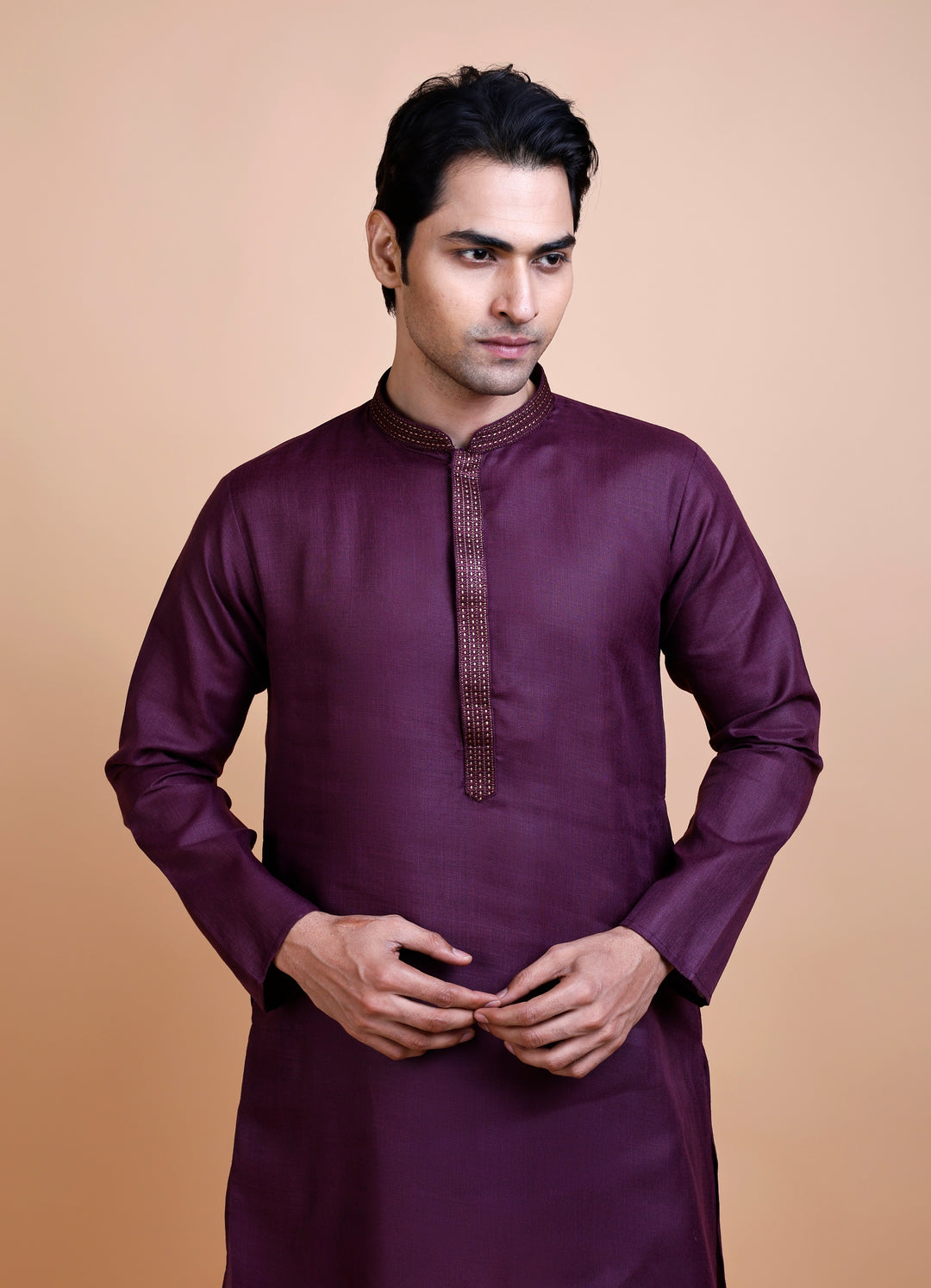 Purple Cotton Neck Work Kurta Set