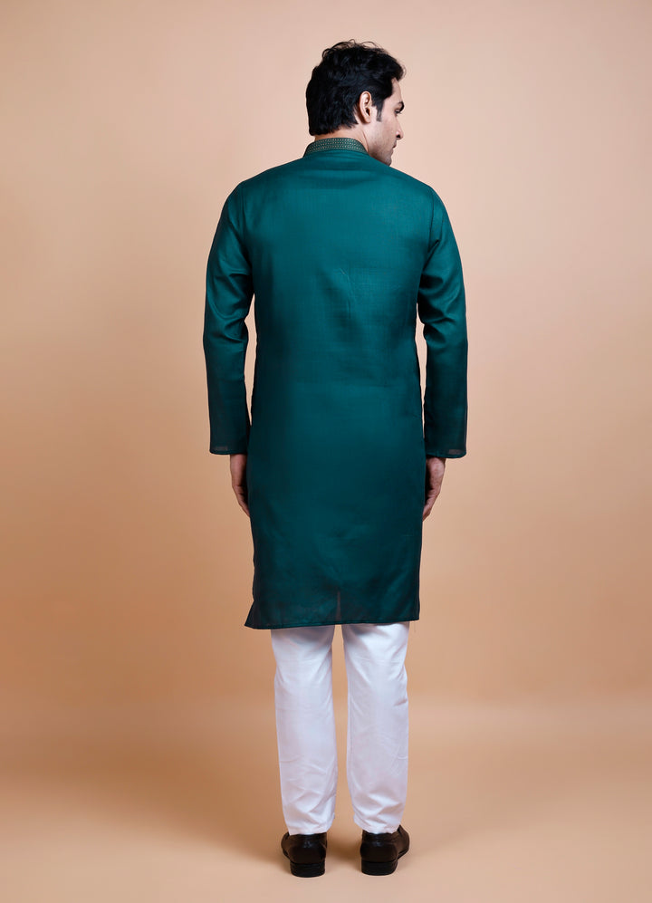 Teal Green Cotton Neck Work Kurta Set