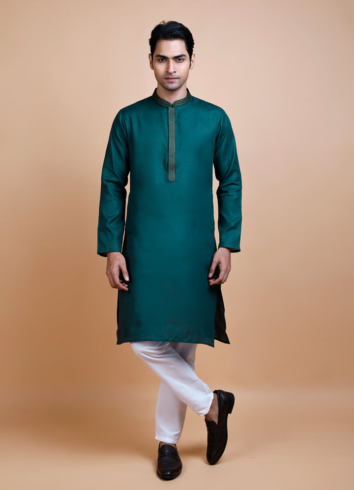 Teal Green Cotton Neck Work Kurta Set