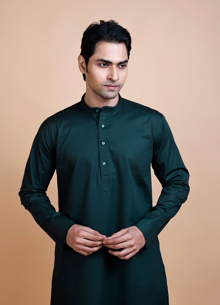 Dark Green Cotton Kurta Set