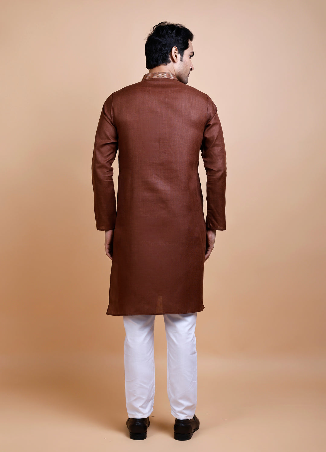 Brown Cotton Neck Work Kurta Set