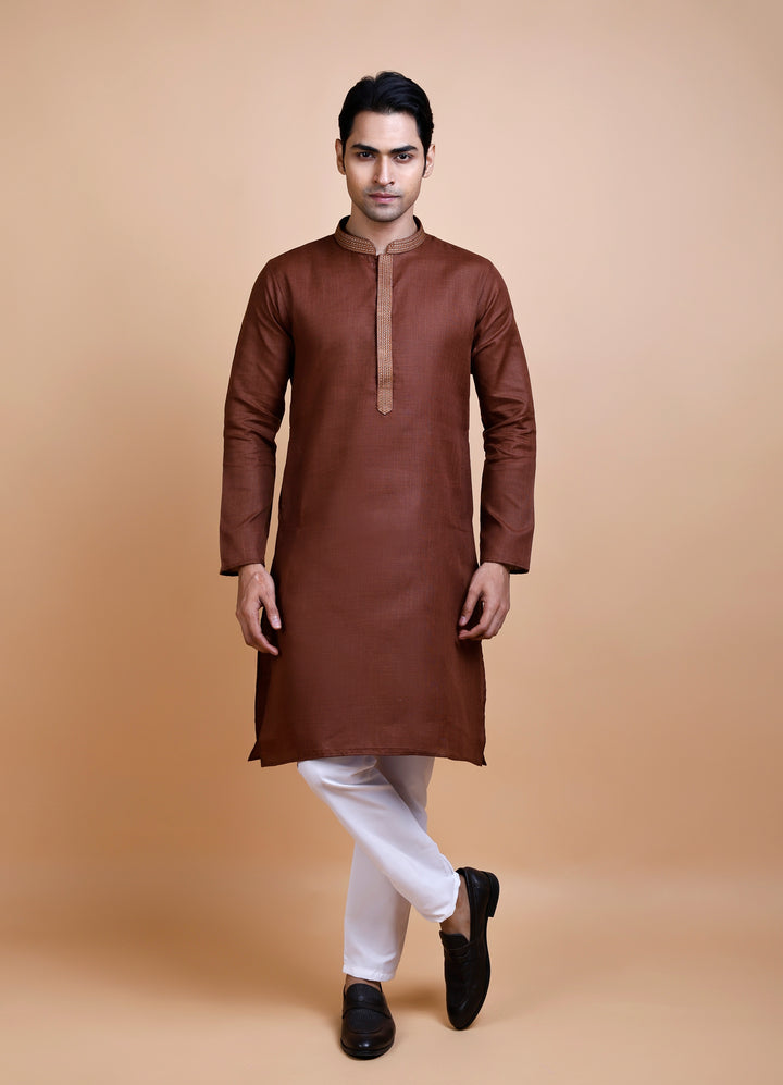 Brown Cotton Neck Work Kurta Set