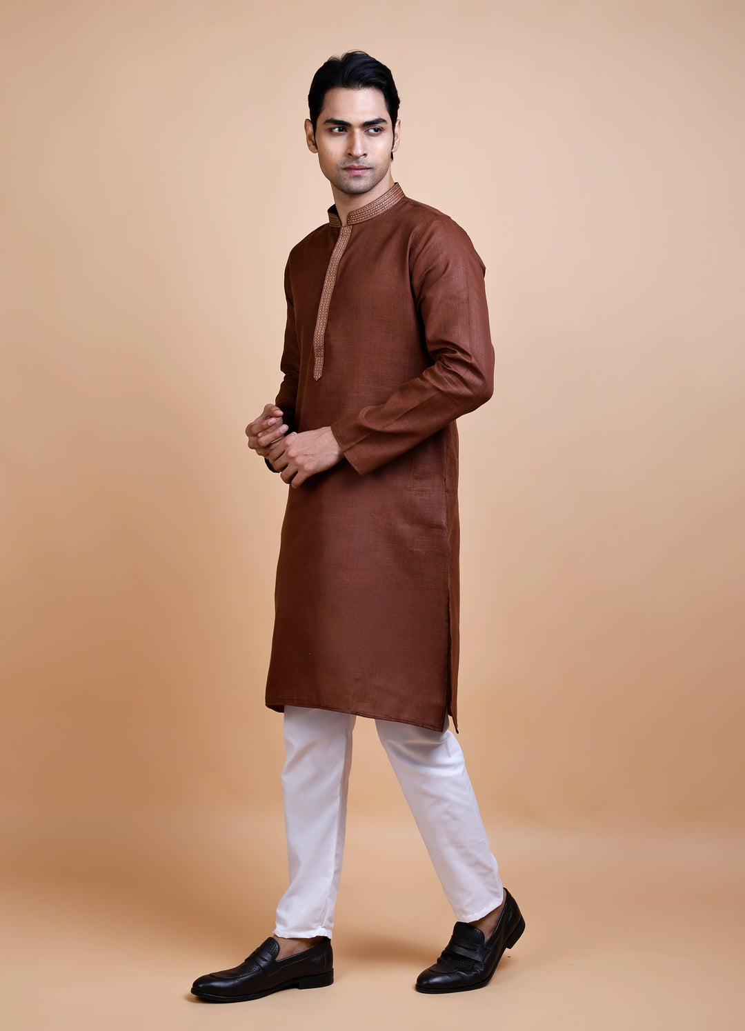 Brown Cotton Neck Work Kurta Set