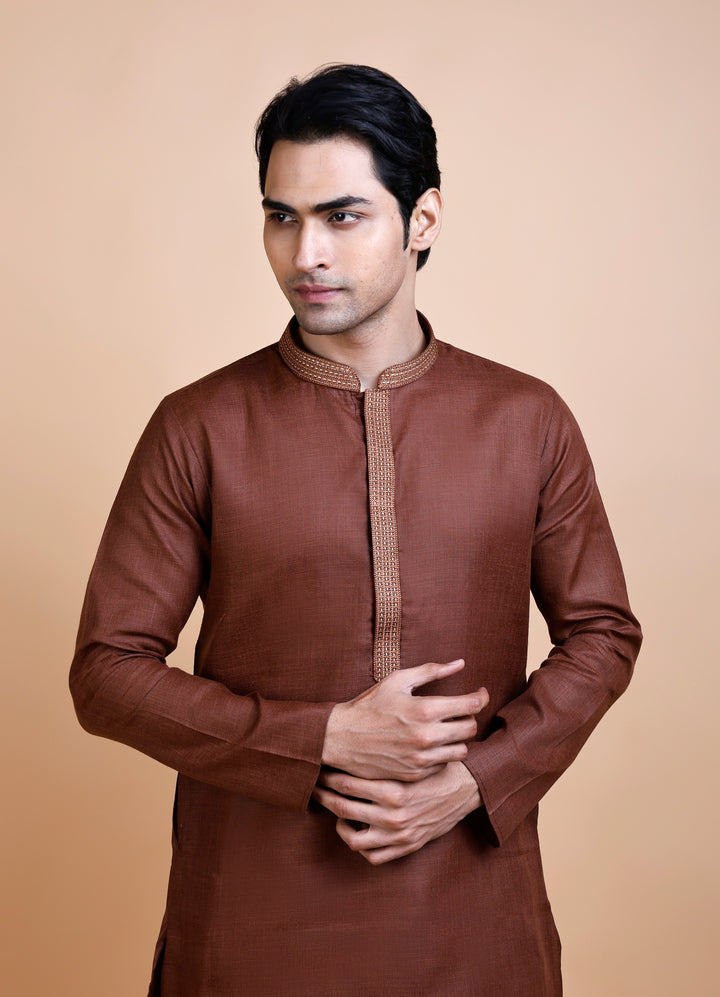 Brown Cotton Neck Work Kurta Set